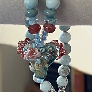 Handmade Blue-Green Amazonite Beaded Necklace with artisan blown glass Pendant